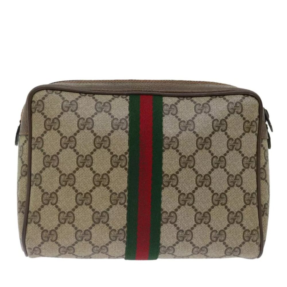 GUCCI GG Supreme Web Sherry Line Clutch Bag Beige Green - Picture 2 of 7